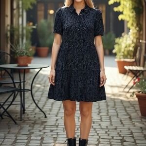 Monteau LA Black & White Polka Dot Mini Dress Short‎ Sleeve Shirt Dress Tiered M